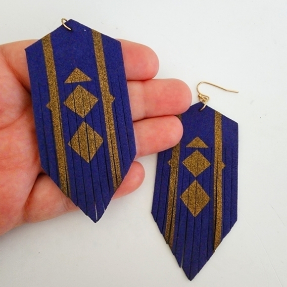 NEW Boho Southwestern Blue Gold Cut Suede Fringe Dangle Earrings - Picture 8 of 8